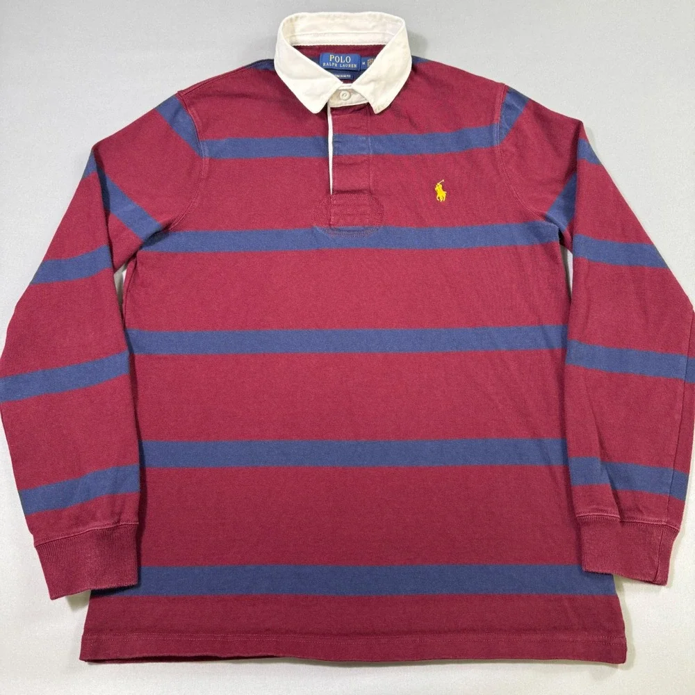 Polo Ralph Lauren Rugby Shirt Mens Medium Burgundy Navy Striped Custom Slim Fit